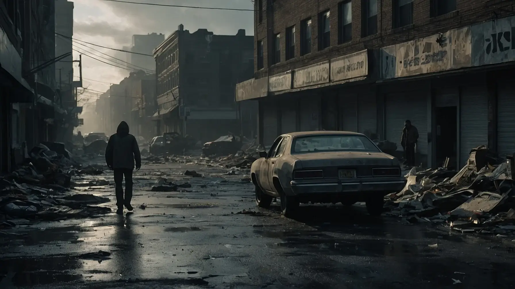 This chaotic city scene has empty grocery store shelves, dim lighting, and scattered debris. It depicts an urban crisis with people searching for supplies.