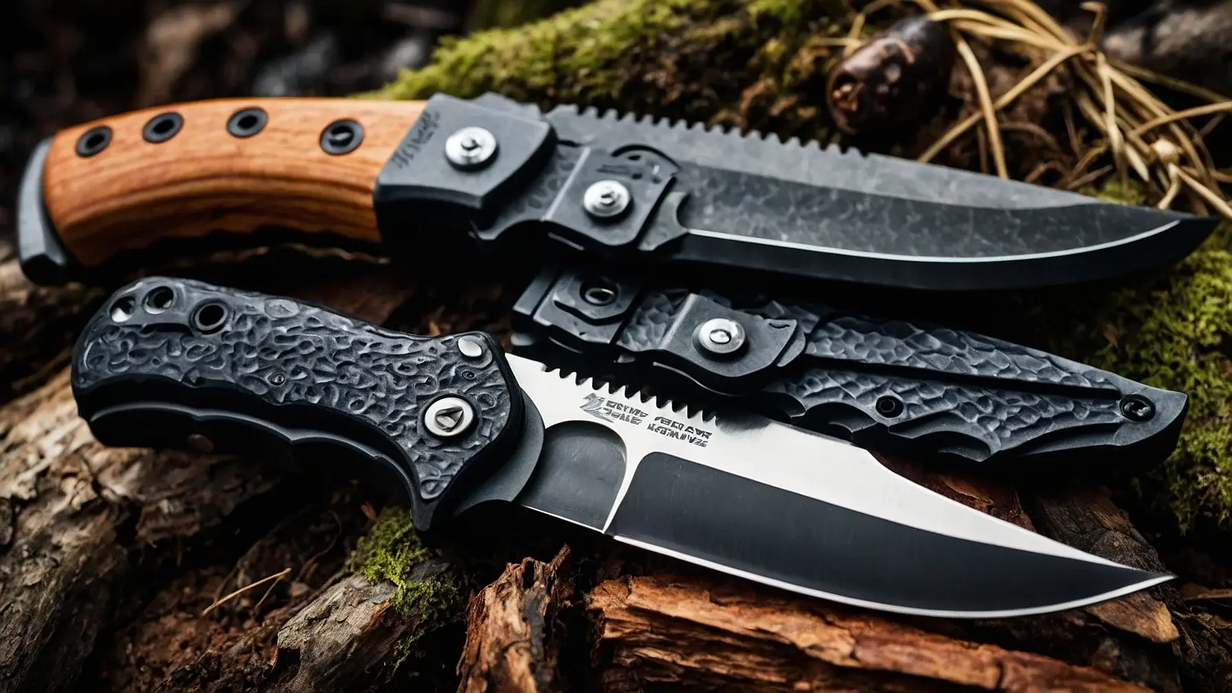 Collection of the best survival knives displayed on rugged outdoor terrain, featuring fixed-blade and folding designs for wilderness survival.