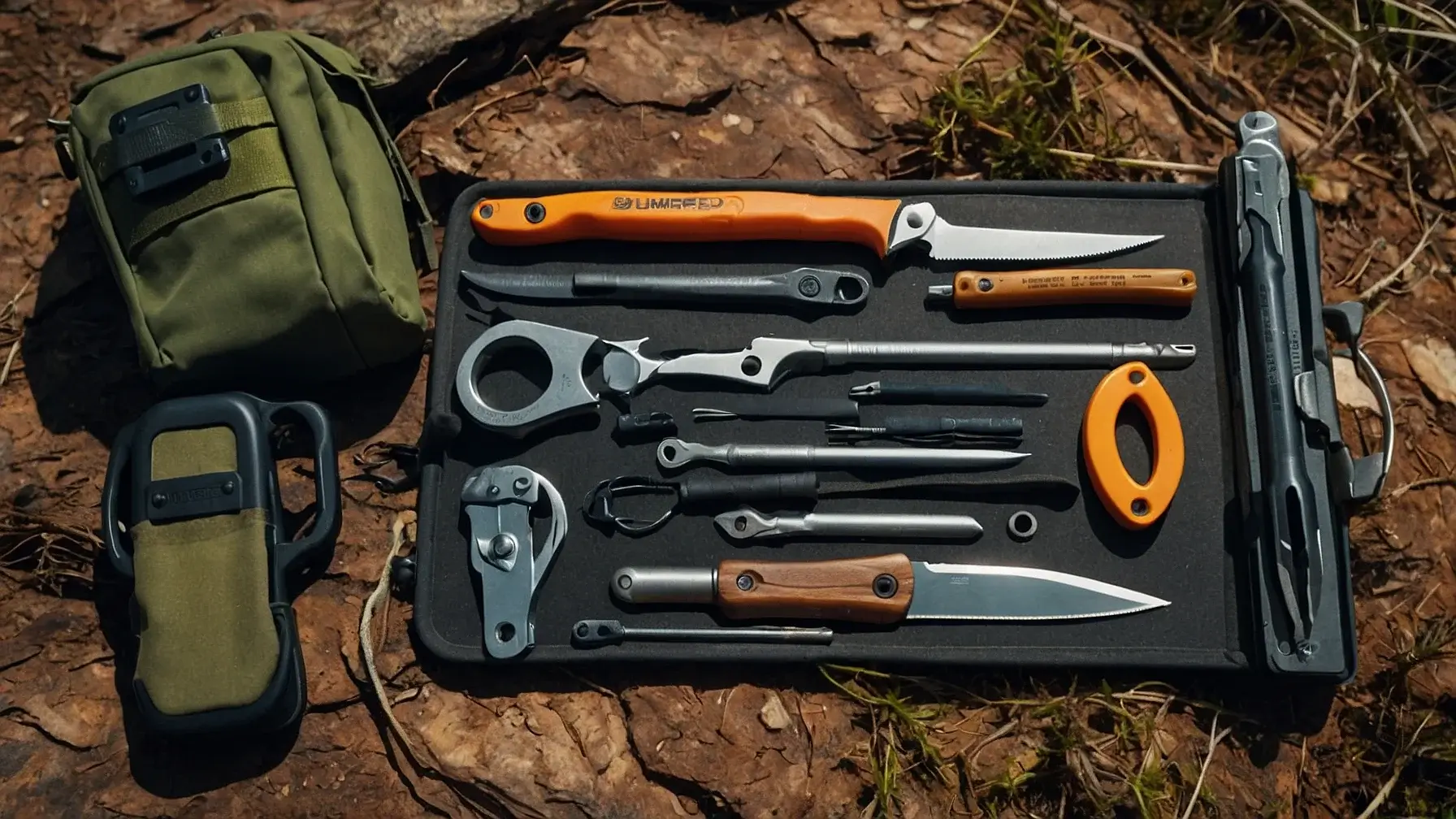 A collection of top-rated survival multi-tools arranged on a rugged outdoor surface, showcasing their functions and versatility.